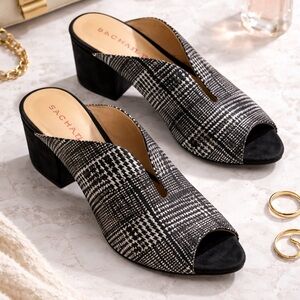 Sacha London Selina Mule Heels Size 10 Black White Plaid Leather Peep Toe Wedge